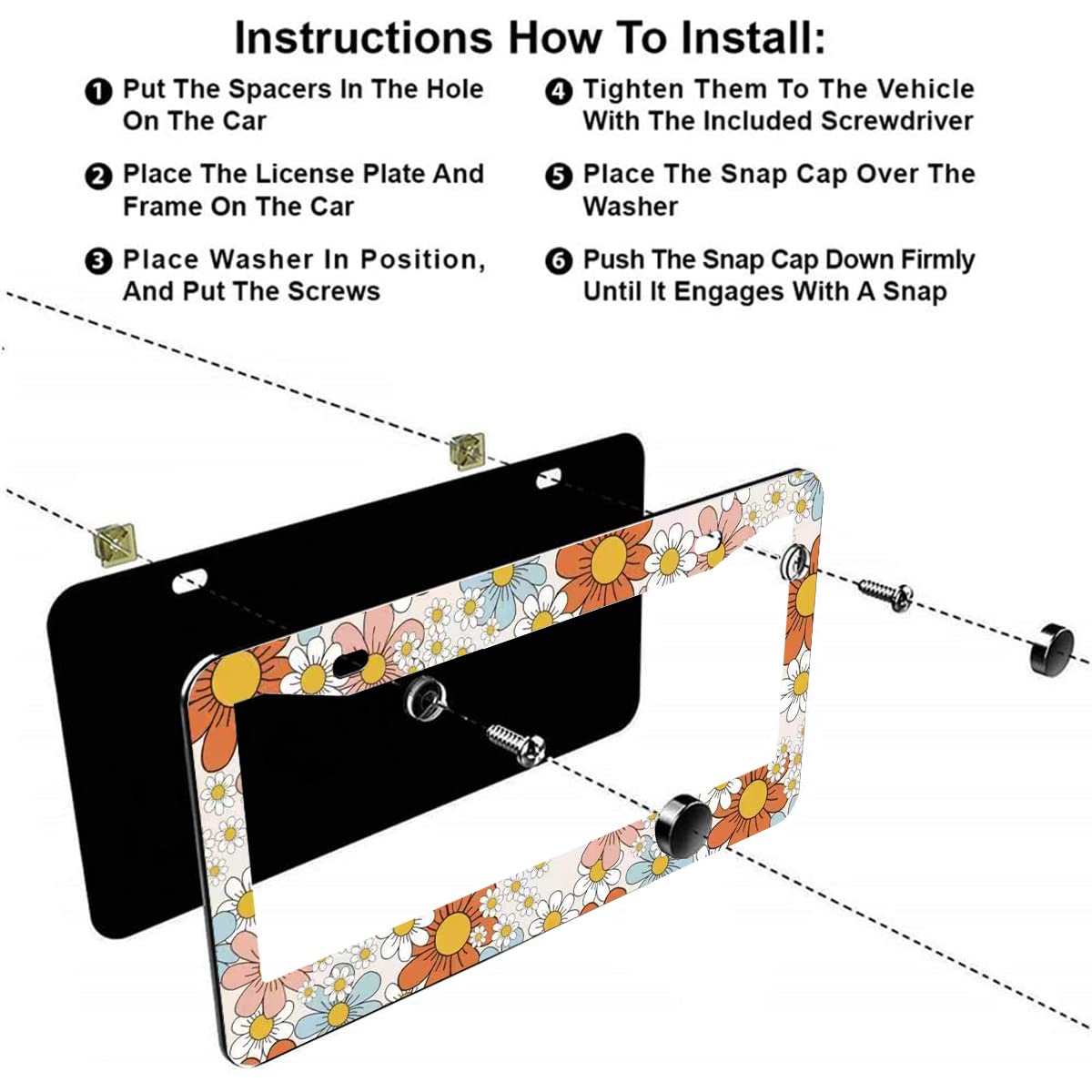 2-Pack Boho Pattern Stainless Steel License Plate Frames - Universal Fit, Includes Screws & Tool
