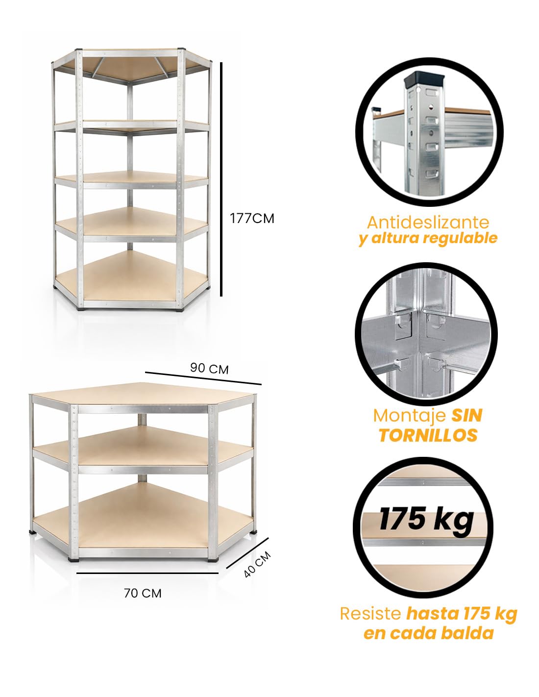 Jardin202 - Estantería Metálica con Baldas Ajustables | 5 Baldas | Carga 875 Kg | Pack 2 uds (Plata - Estantería con Esquina)