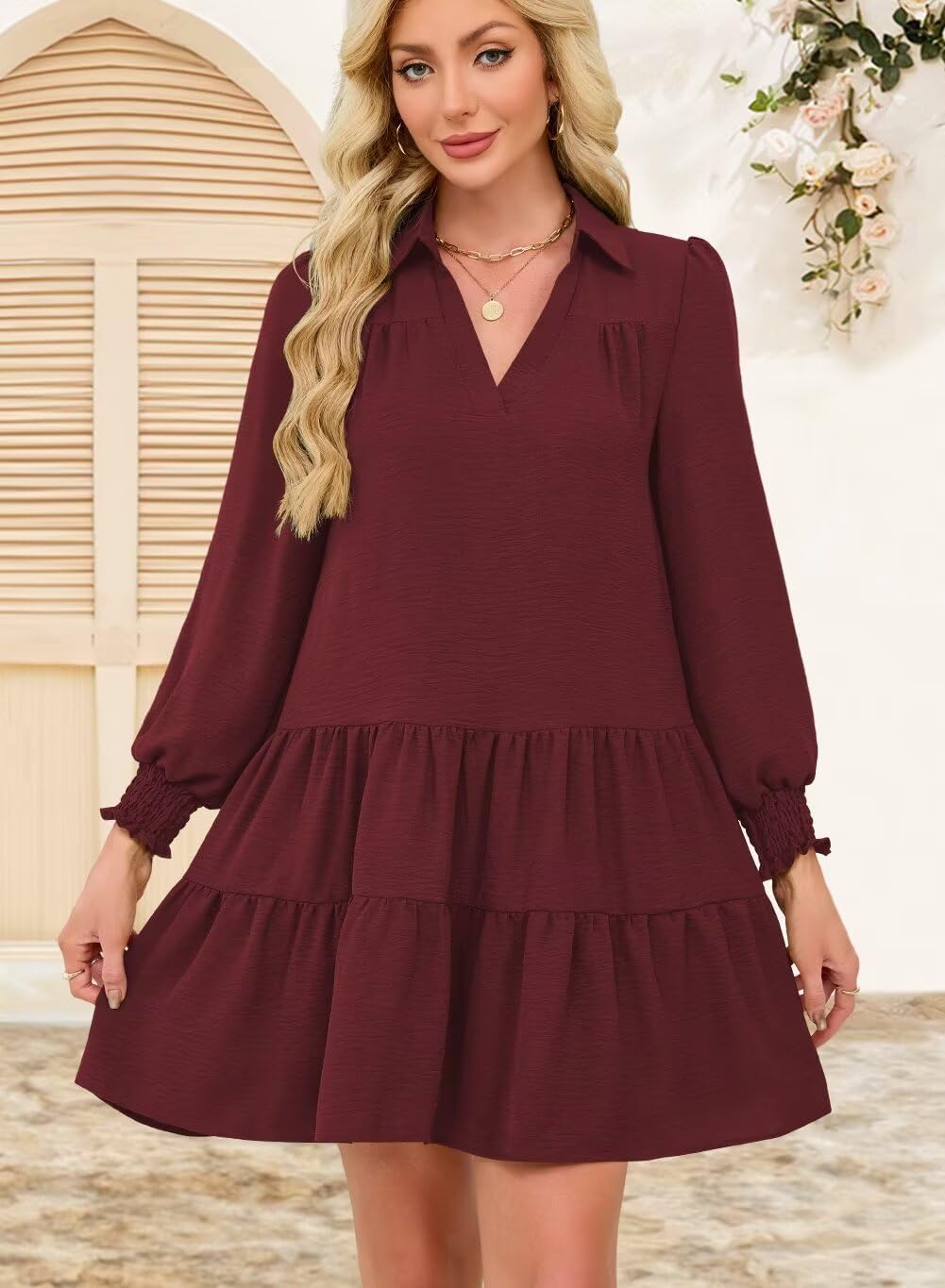 Wkior Casual Dresses for Women Long Sleeve Fall Lapel Collared V Neck Pleated Midi Dress 2026 - Image 3