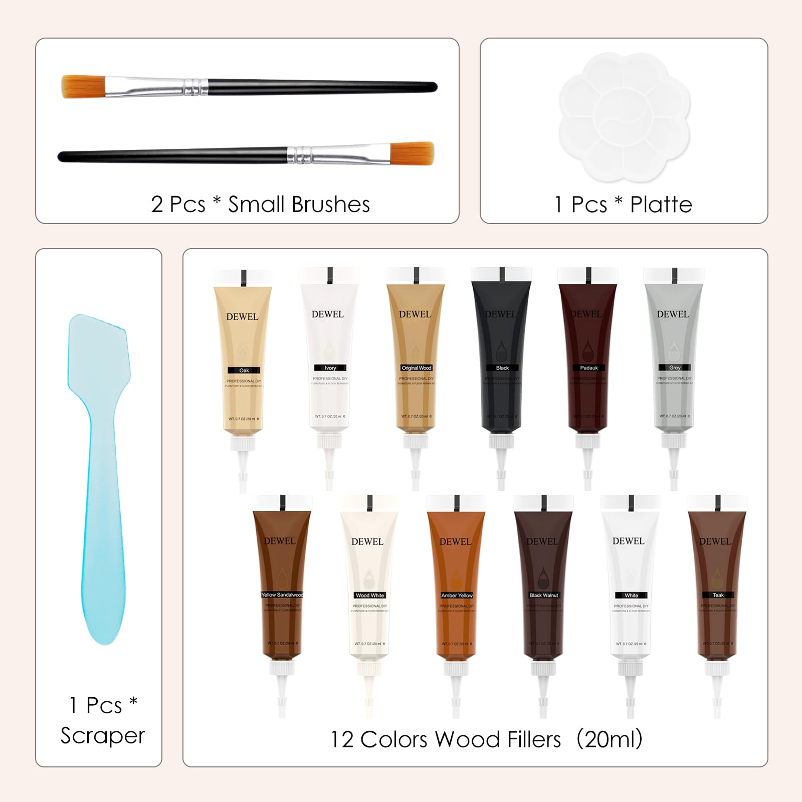 DEWEL Kit Riparazione Mobili, 12 Colori Kit di Riparazione per Legno, Stucco per Legno, Colori per Legno per Riparare Graffi, Crepe, Scolorimento Superfici