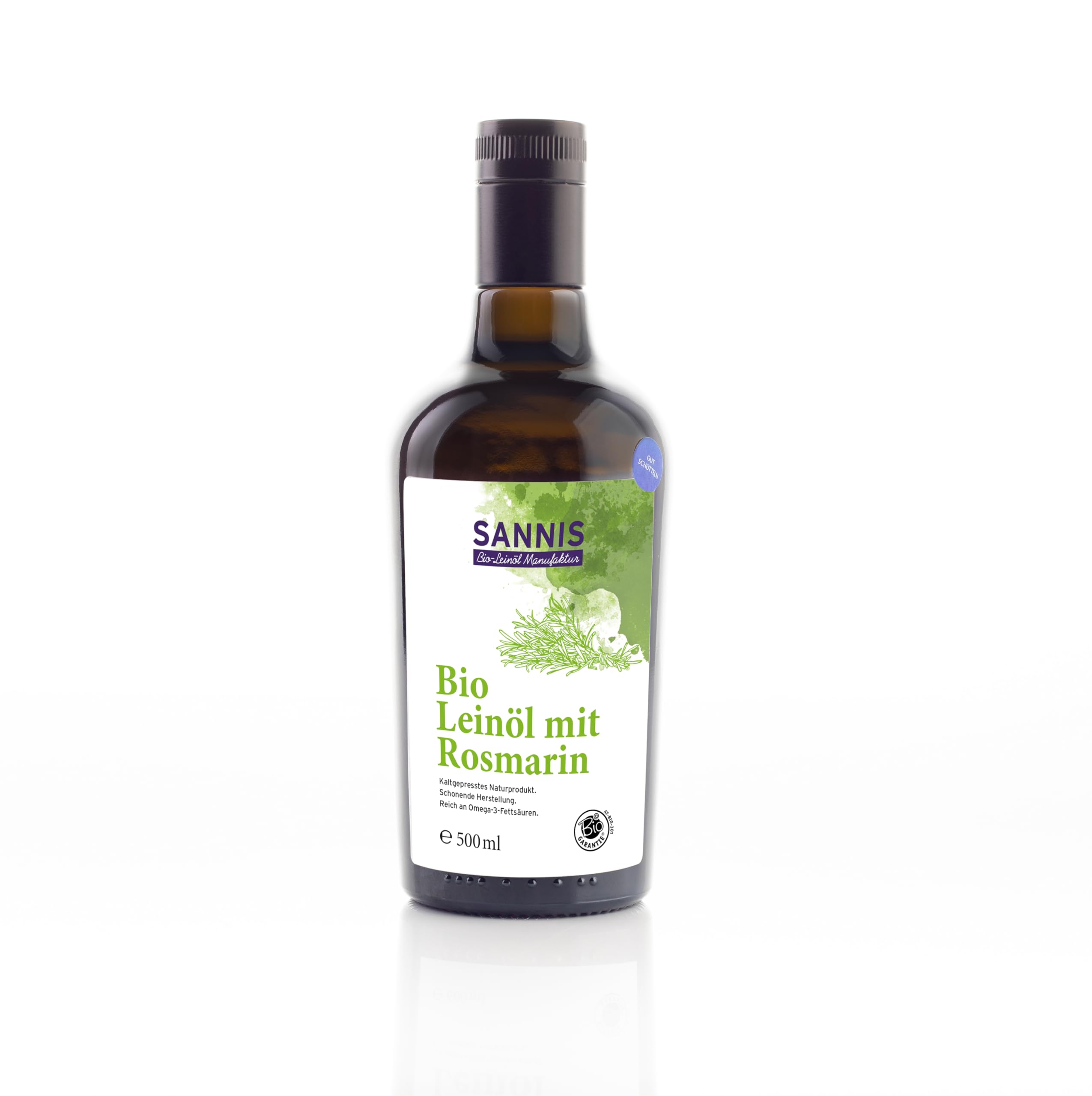 SANNIS Bio-Leinöl mit Rosmarin 500ml I Leinöl aus kontrolliert biologischem Anbau I kaltgepresst & ungefiltert I reich an Omega-3 I nussig milder Geschmack für italienische Gerichte, Fisch & Fleisch