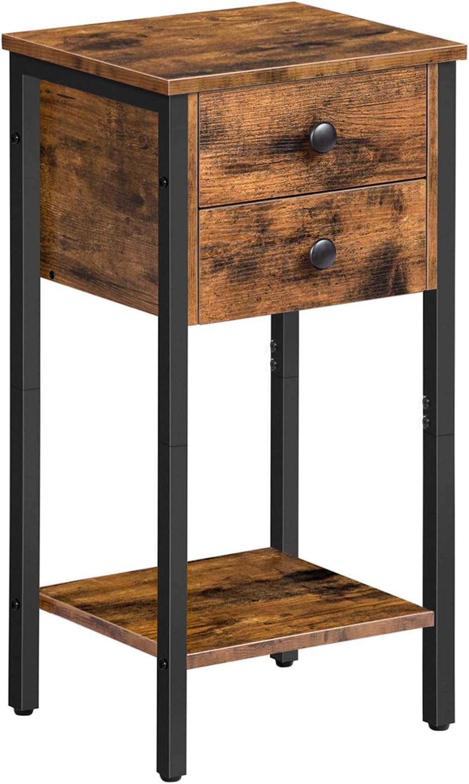 HOOBRO Comodino con Stazione di Ricarica, Tavolino con Cassetto, Porta USB e Presa di Corrente, Stile Country, Occupa poco spazio, Marrone Vintage e Nero EBF128CBZ01G1