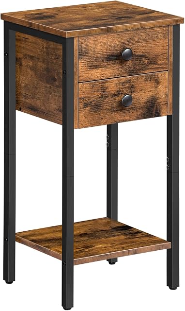 HOOBRO Tall Bedside Table, Slim Side Table with 2 Drawers, Industrial Telephone Table, Small Hallway Table for Small Spaces, Living Room, 38 x 29 x 70 cm, Rustic Brown and Black EBF72BZ01