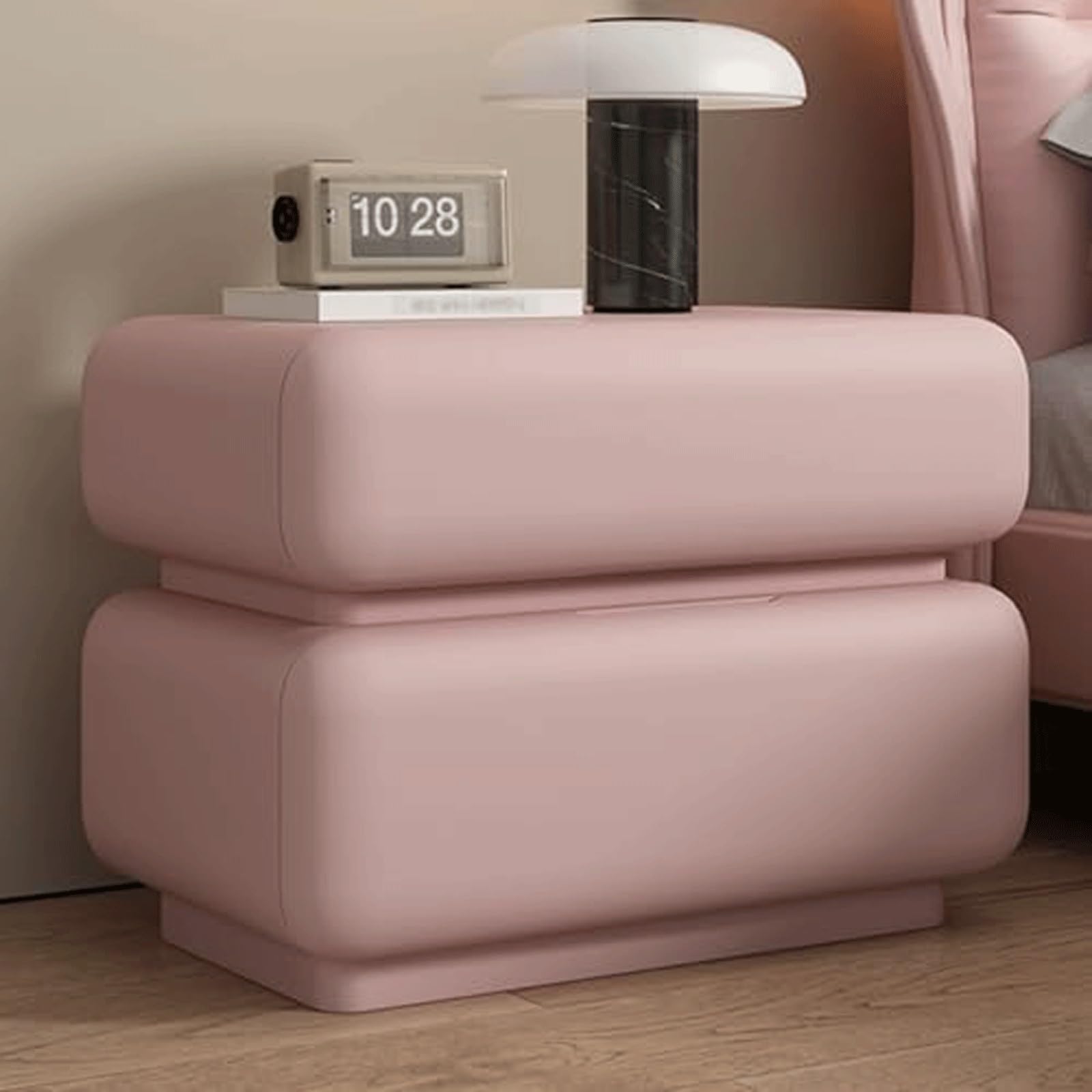 SXZenSpace Luxury Nightstands Modern Wooden Bedside Table Pu Leather Finish Cabinet with Drawers No Installation Required Side Table(Light Pink,40cm)