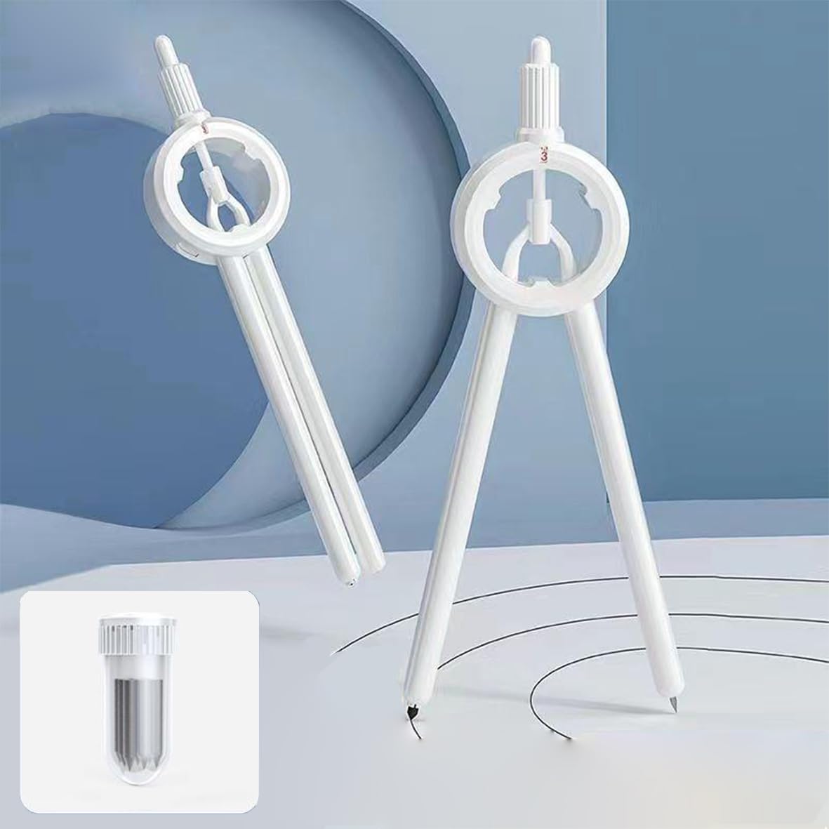 Upgrade Student Math Geometry Compass,with Extra Refill, White,Comes with Measuring Ruler,Press to Retract The Metal Needle,for School Office Compass Drawing
