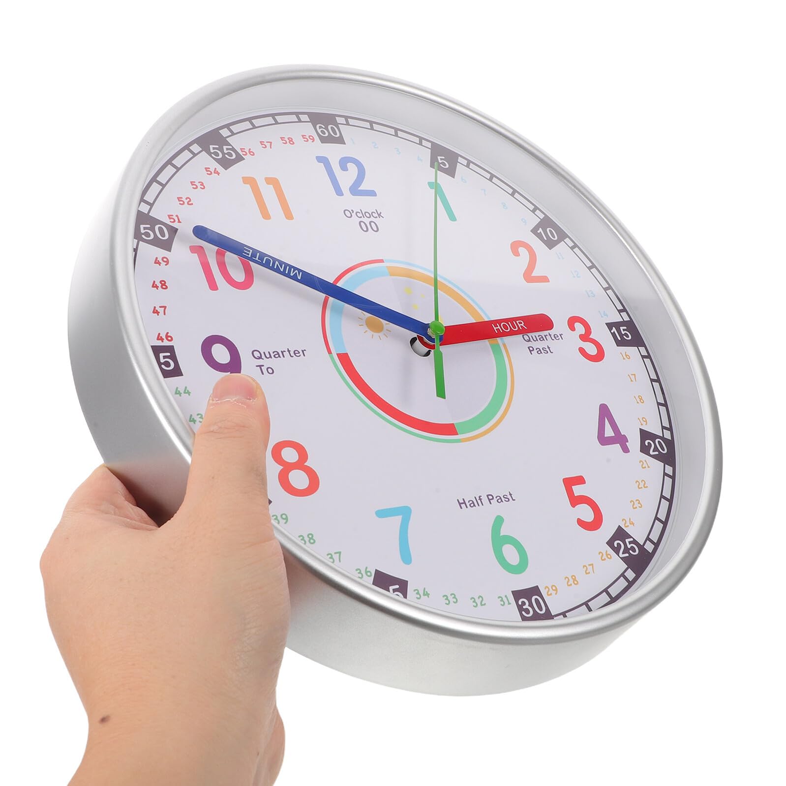 KOMBIUDA Pädagogische Kinder Analoguhr 25cm Silber mit Leisem Lauf