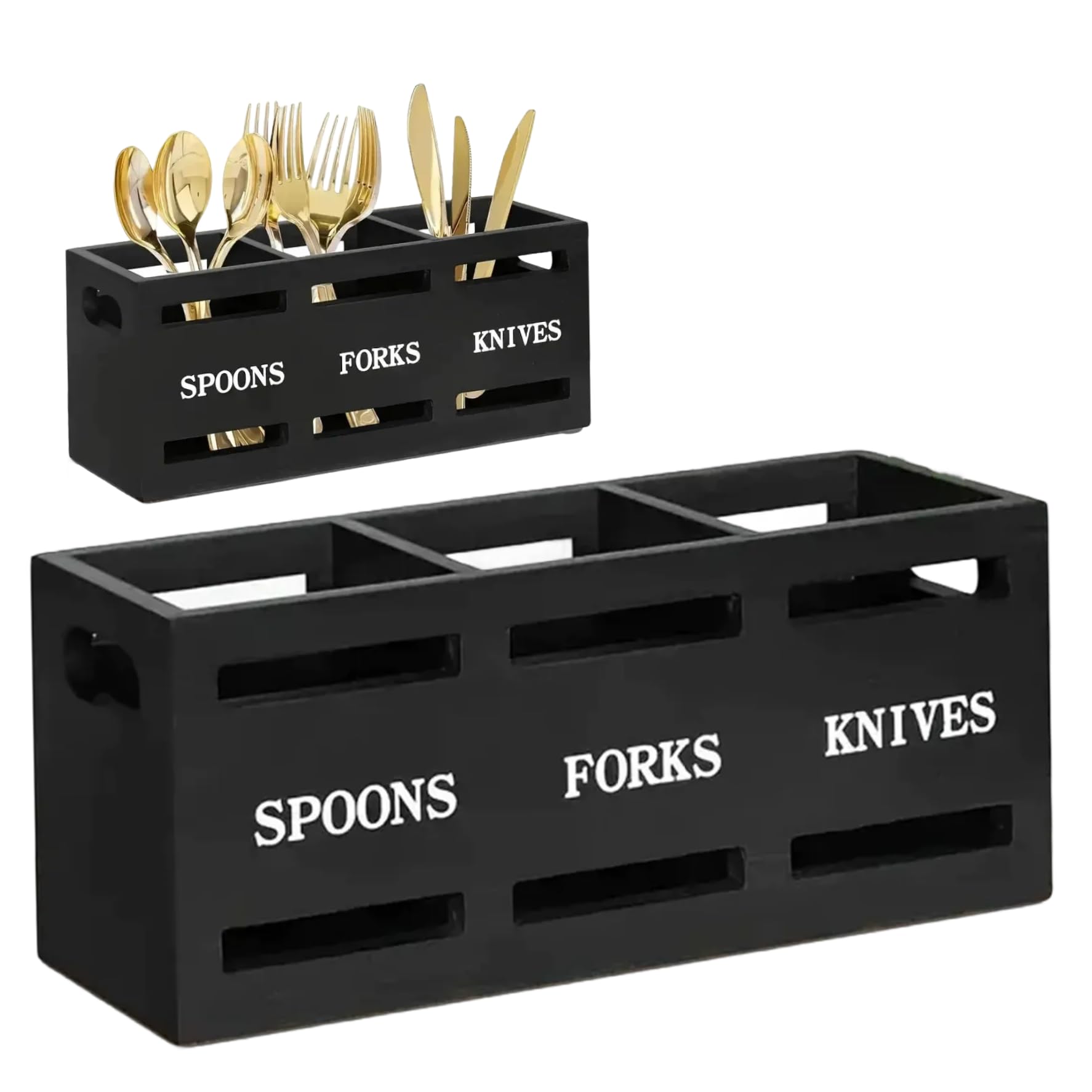 Aetherize Silverware Caddy Wood Utensil Caddy Silverware Holder for Party with 3 Compartments Utensil Holder for Kitchen Counter Spoon Fork Storage and Party Use, Black for