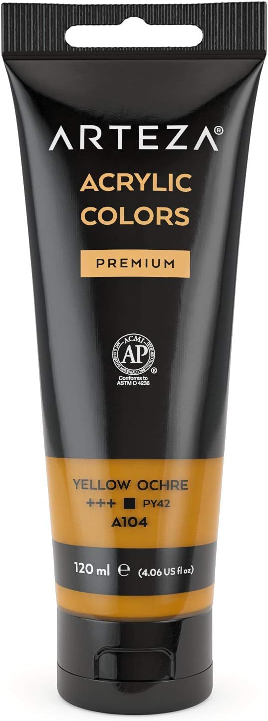 ARTEZA Acrylic Paint, Yellow Ochre, 120 ml Pouch, Rich Pigment, Non-Fading, Non-Toxic Paint for Artists & Hobby Painters, Art Supplies for Canvas Painting