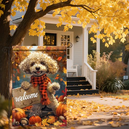 Image of Nuxovilar 12x18 inch Poodle Dog Plaid Scarf Welcome Flag