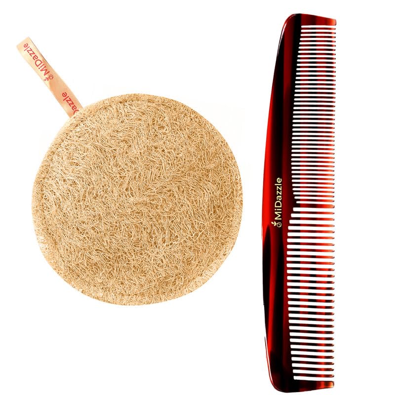 Image of Midazzle Body Scrubber Sun Dried Bath Loofah | Body Sponge for Men & Women | Loofah for Bathing (Round) With Handmade Graduated Dressing Handcrafted Hair Comb for Men and Women MIHC2201 - Set of 2