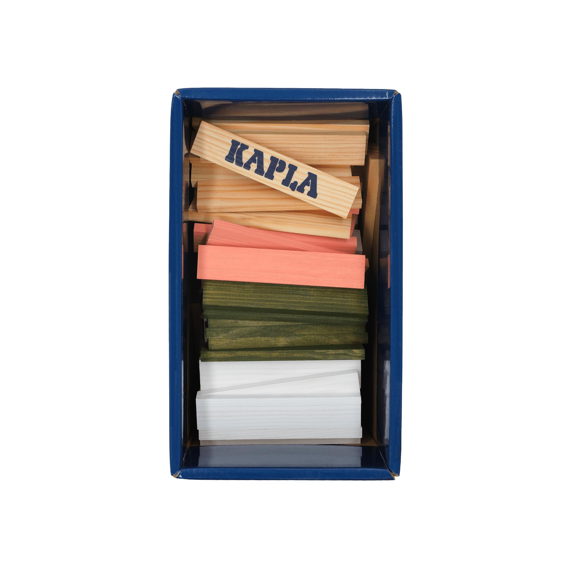 Die 200er Box FRÜHLING von KAPLA®: 200 Plättchen aus naturbelassenem Pinienholz, Davon 140 x naturfarben und 20x grün, 20x rosa und 20x Weiss
