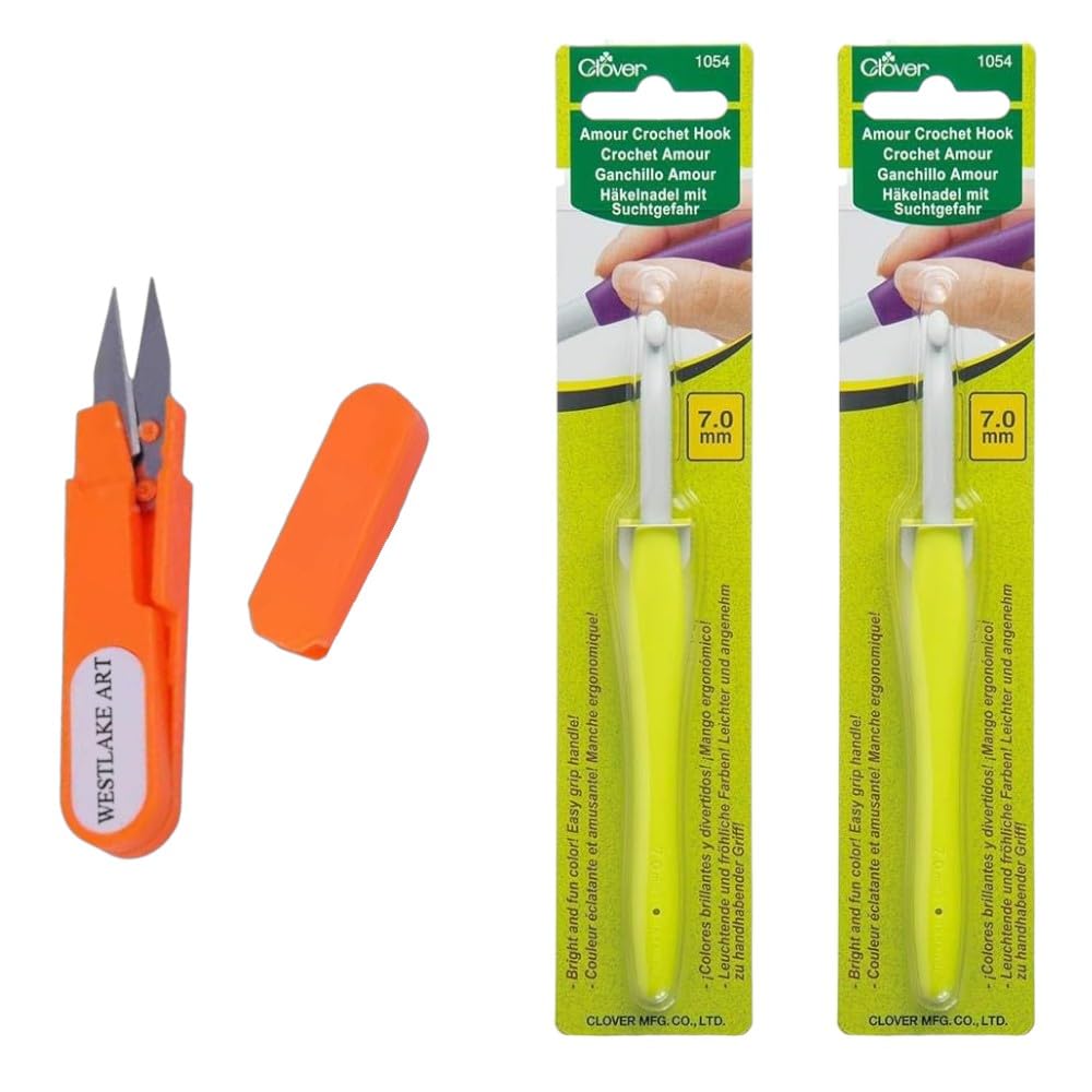 Amour Crochet Hook 7mm, Ergonomic Grip for Comfortable Crafting, Bright Yellow Handle Bundle with Westlake Art Embroidery Scissors, Hooks for Crocheting, Ideal for Blankets~ [Pack of 2]