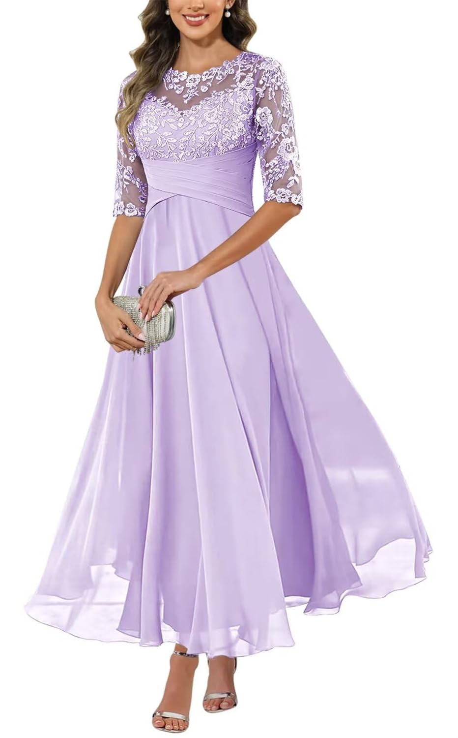 Kiyne Women's Lilac Mother Of The Bride Dresses For With Sleeves Lace Applique Chiffon Wedding Guest Dress Formal Gown Uk22