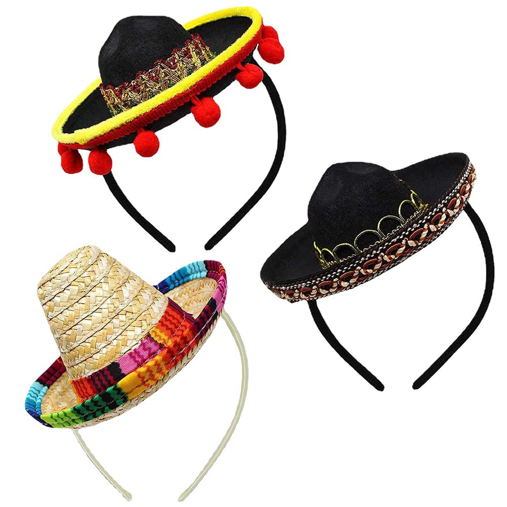 Pack of 3 Mini Carnival Hats, Colourful Mini Straw Hat, Cute Sombrero and Headbands, Party Hats