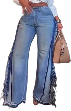 Ecirod Womens Wide Leg Jeans Y2K High Waisted Baggy Fringe Stretchy Loose Fit Trouser Jeans Denim Pants Streetwear