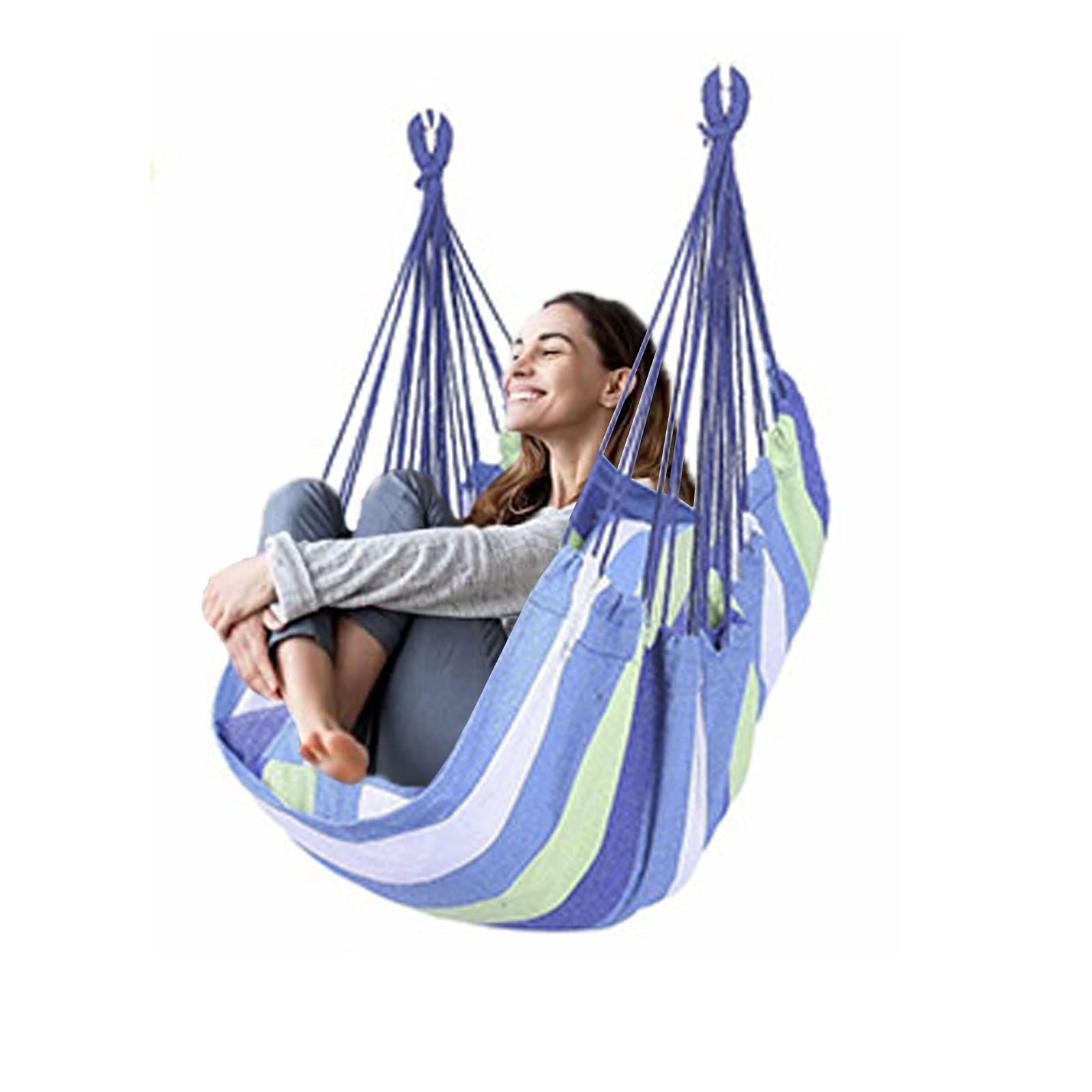 Chaise hamac extra large macramé avec kit de fixation et 2 coussins bleu blanc