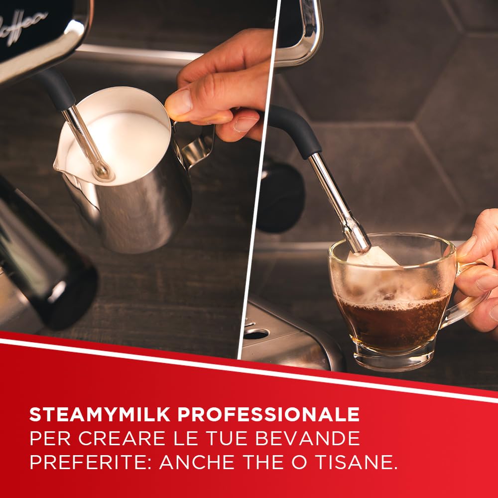 Polti Coffea G50S, Macchina da Caffè con Macina Grani Integrato, per Espresso e Cappuccino, 30 Livelli di Macinatura, Steamymilk Professionale per Montare il Latte, Argento