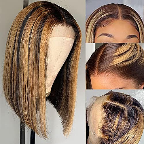 Honey Blonde Highlight Lace Front Short Bob Wig 10 Inch Ombre 13x6x1 T Part HD Transparent Lace Wig For Black Women Pre Plucked Hairline Glueless Brazilian Wig