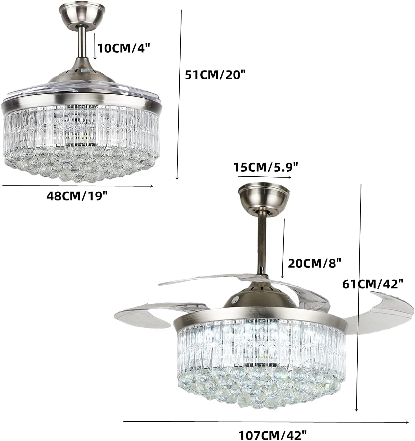 Luxury Ceiling Fan 42 Inch Contemporary Chic Crystal Fandelier Ceiling Fan Polished Gold Retractable Ceiling Fans Light Reversible LED 3 Color Setting (C Sand Nickel)