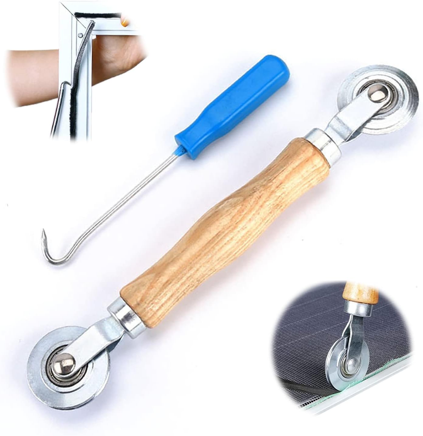 XPOOS 2 Pcs Spline Repair Roller,Hand Screen Rolling Tool With Wood Handle,Double End Spline Roller Tools,Screen Retainer Spline For Installing Door Screens Window