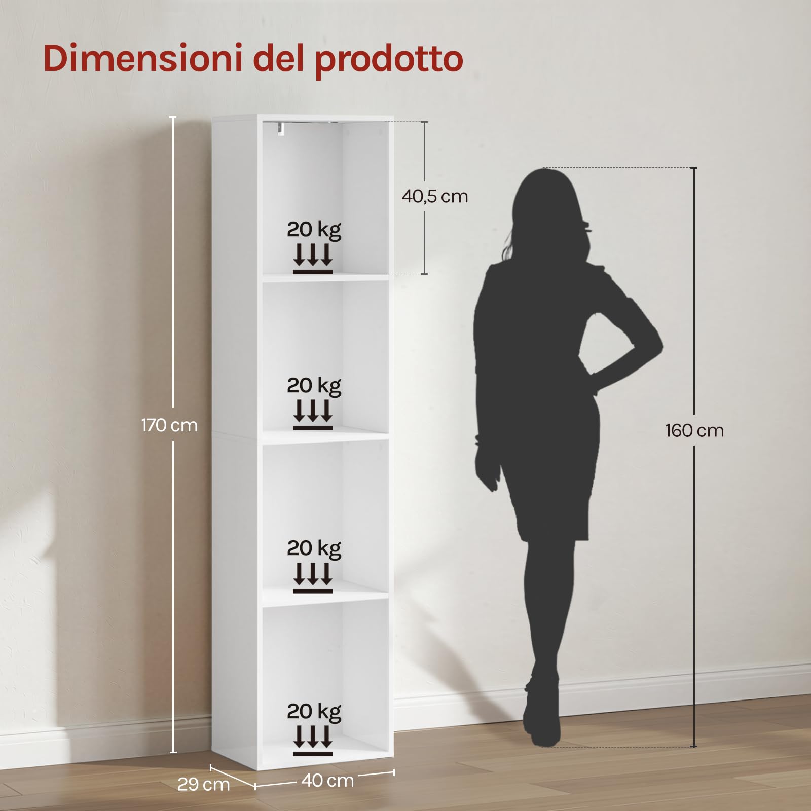 WOLTU Libreria Verticale con Luce LED e 4 Scomparti, Scaffale Libreria con Dispositivo Antiribaltamento, 40x29x170 cm, Stile Moderno, in Legno per Soggiorno, Camera da Letto e Studio, Bianco