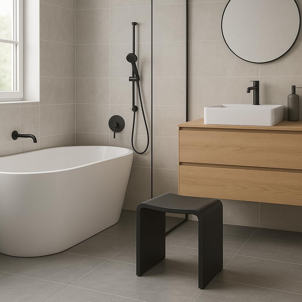 Four & More Badhocker Design Kunststein Spa 'Rom', Oberfläche:Schwarz Matt | Duschhocker Sitzhocker Duschstuhl Duschsitz Luxusbadhocker aus hochwertigem Solid Stone/Mineralguss / Kunststein