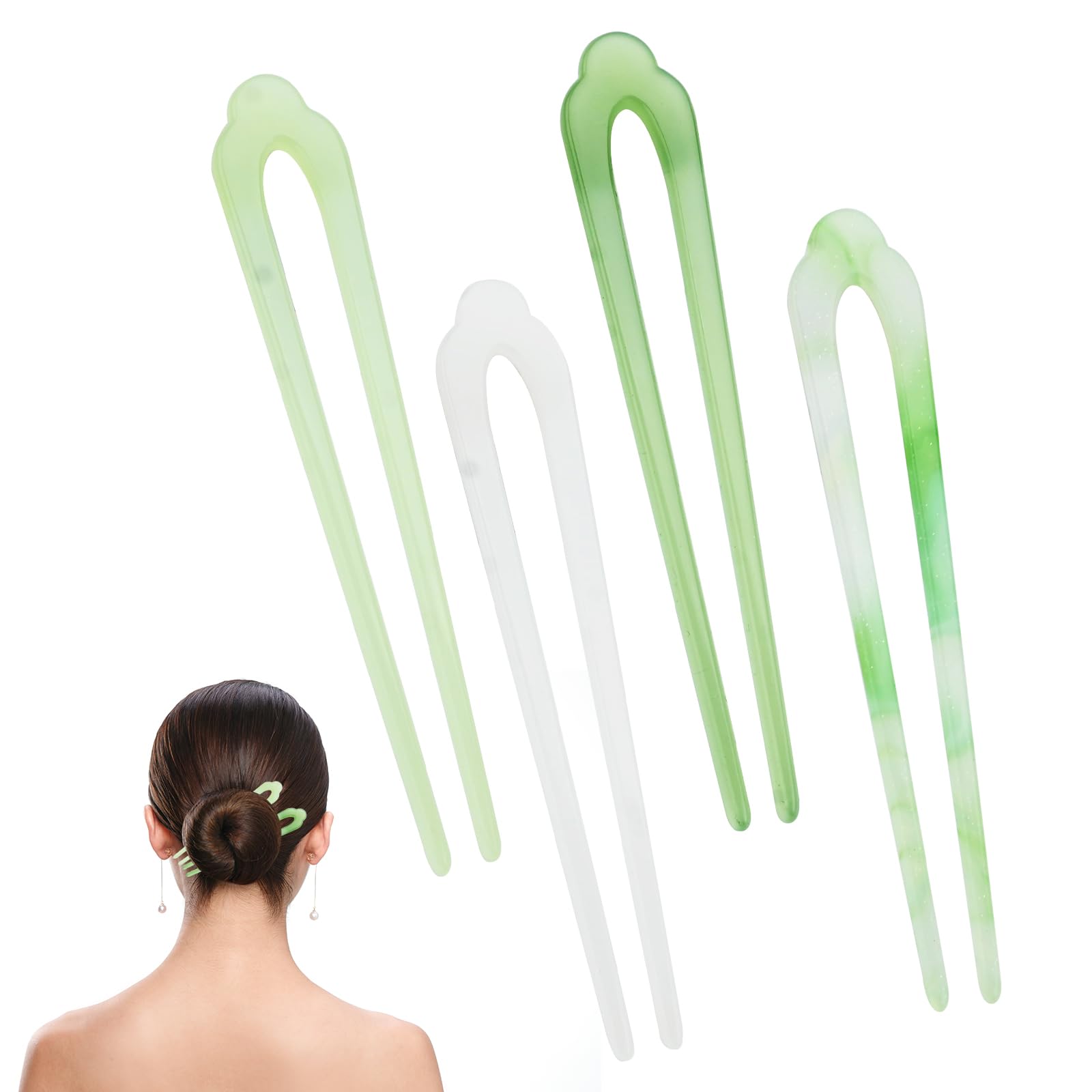 Pack of 4 U-shaped hairpins, Chinese old style design, imitation jade, u-shaped hairpin, for updo, vintage hairpin, hair styling accessories, made of cellulose acetate, 2 prongs