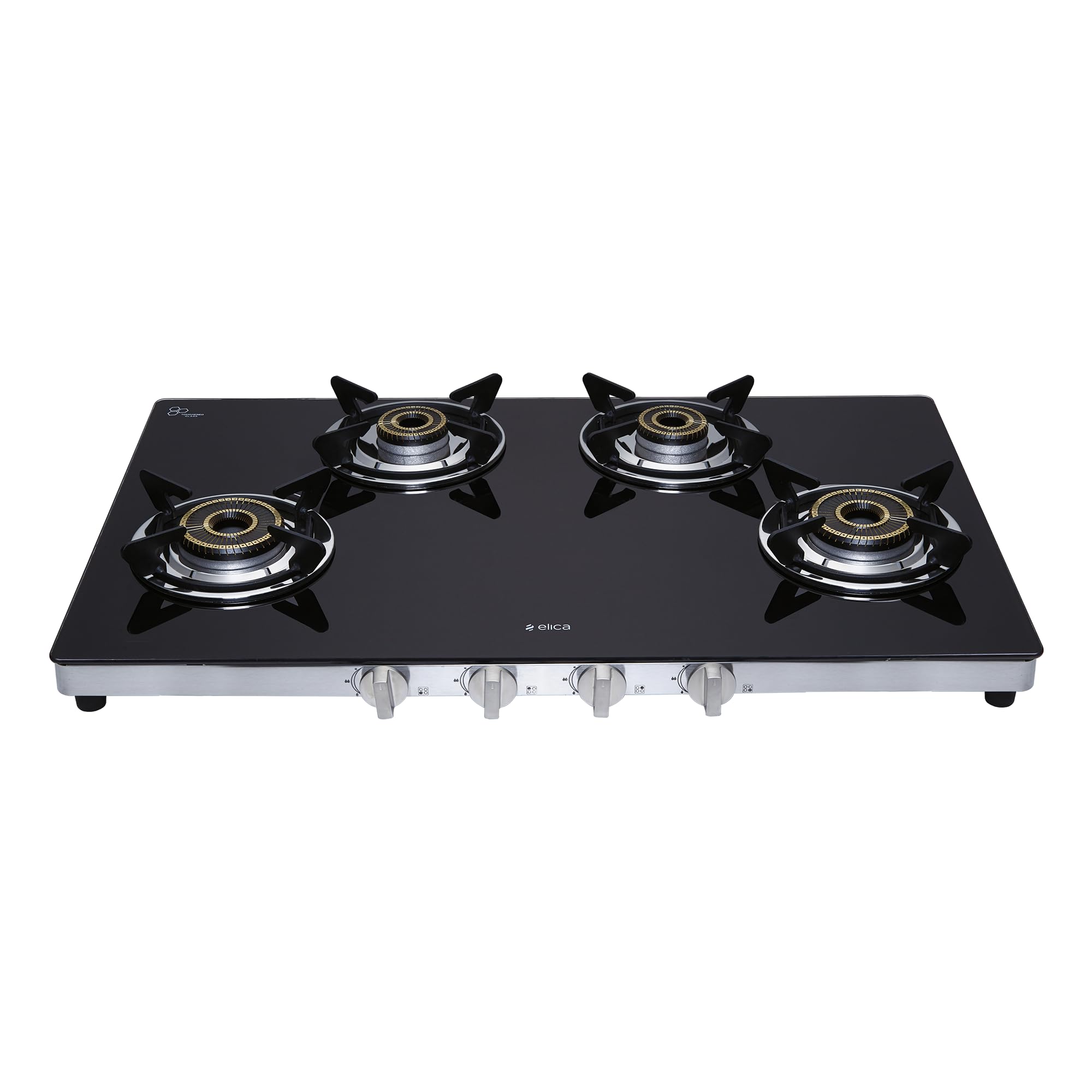 Elica 77cm 4 Burner Gas Stove | SAPPHIRE 774 CT VETRO 2J (DT SERIES) | Double Drip Tray | Toughened Glass Top | High Efficiency Vertical Flame Brass Burners | 7 Yr Glass Warranty | Black