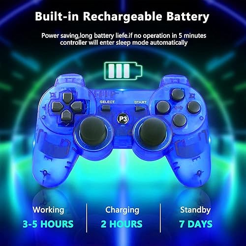Miniatura 4 de Rzzhgzq 2 Pack PS3 Wireless Controller P3 Controller Wireless Bluetooth Gamepad with USB Charger Cable for PS3 Console (Clear Blue+Clear Red)