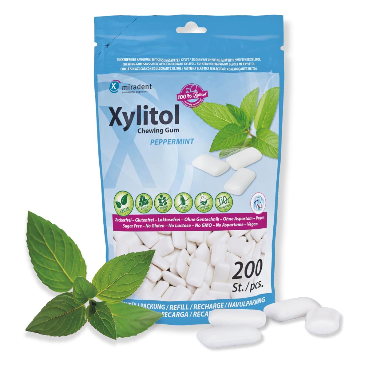 Miradent Chewing-gum dentaire au xylitol Pack économique 200 pcs goût Menthe poivrée sans sucre vegan