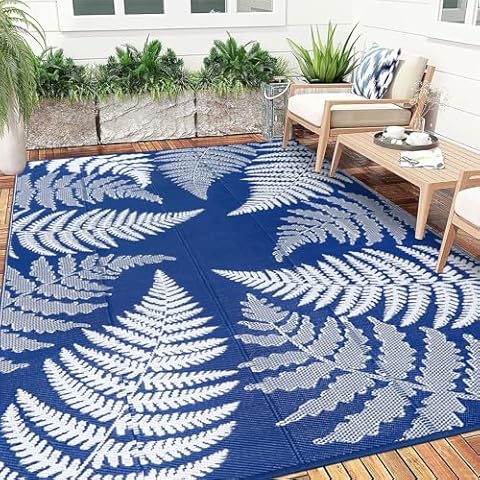 Ileading Reversible Plastic Outdoor Rug Fern Leaves Straw Mat,Waterproof Patios Carpet 6x9ft Non Shedding Portable Decor Area Rugs for Deck RV Picnic Beach Backyard(Navy) Cover