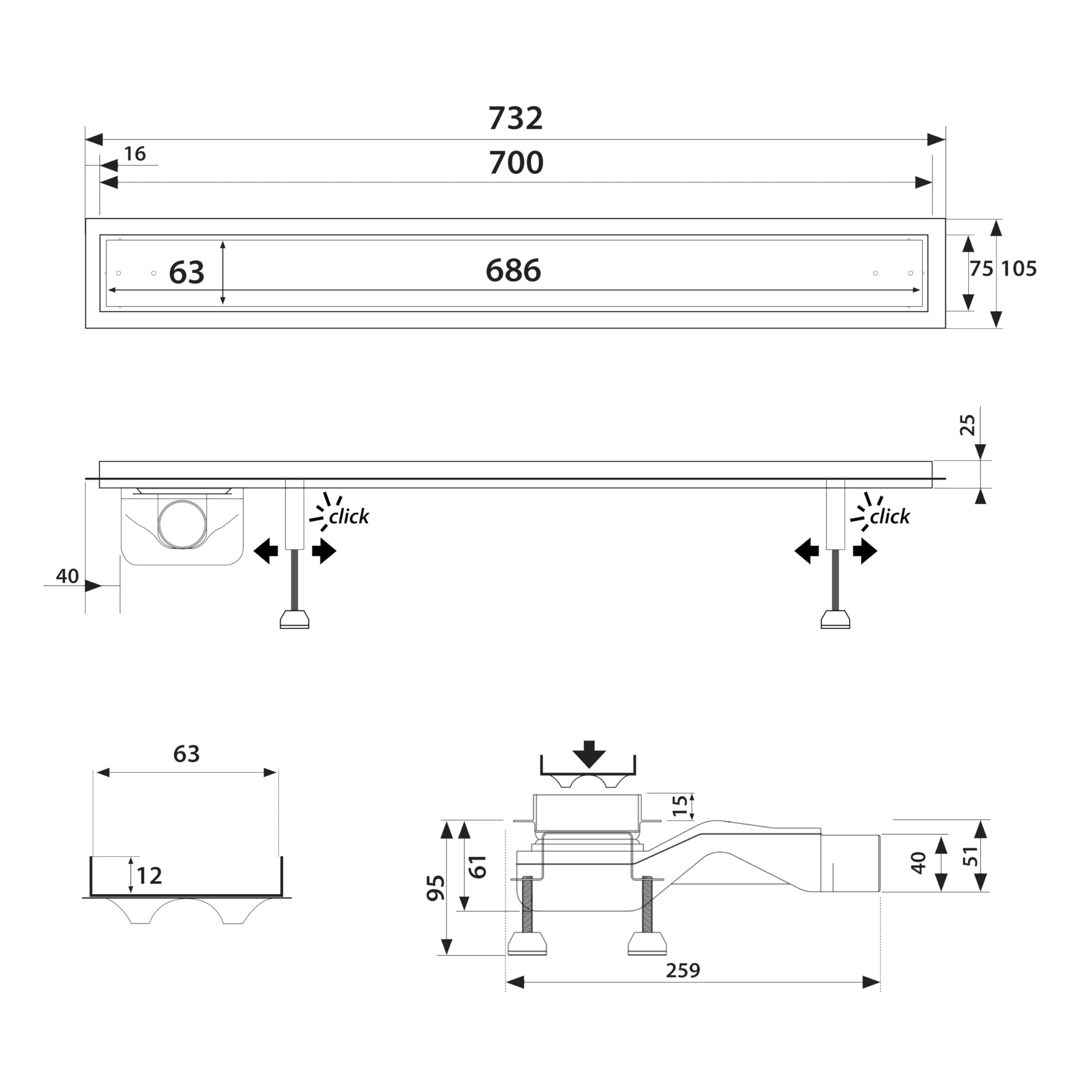Caniveau de douche inox 70 cm Complete Basic – extra-plat, sortie latérale, rigole carrelable, siphon ultra-plat, profondeur d’installation 6 cm