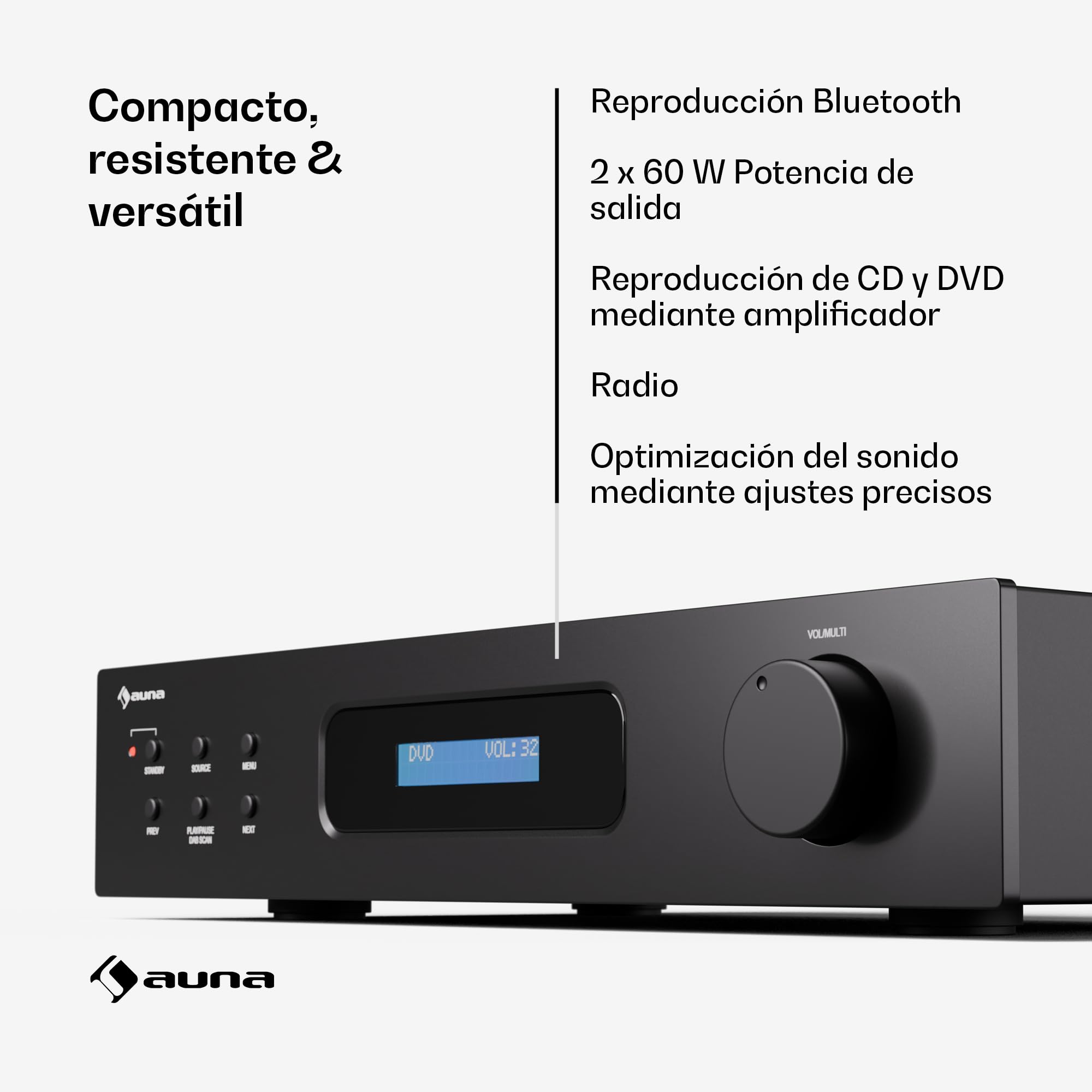 Auna Art22 Amplificador HiFi Bluetooth & Radio Dab+ - 2x60W Sonido Estéreo, Entradas Óptica & Coaxial, Sintonizador FM, Reproducción CD/DVD, Mando a Distancia, Diseño Compacto, Negro