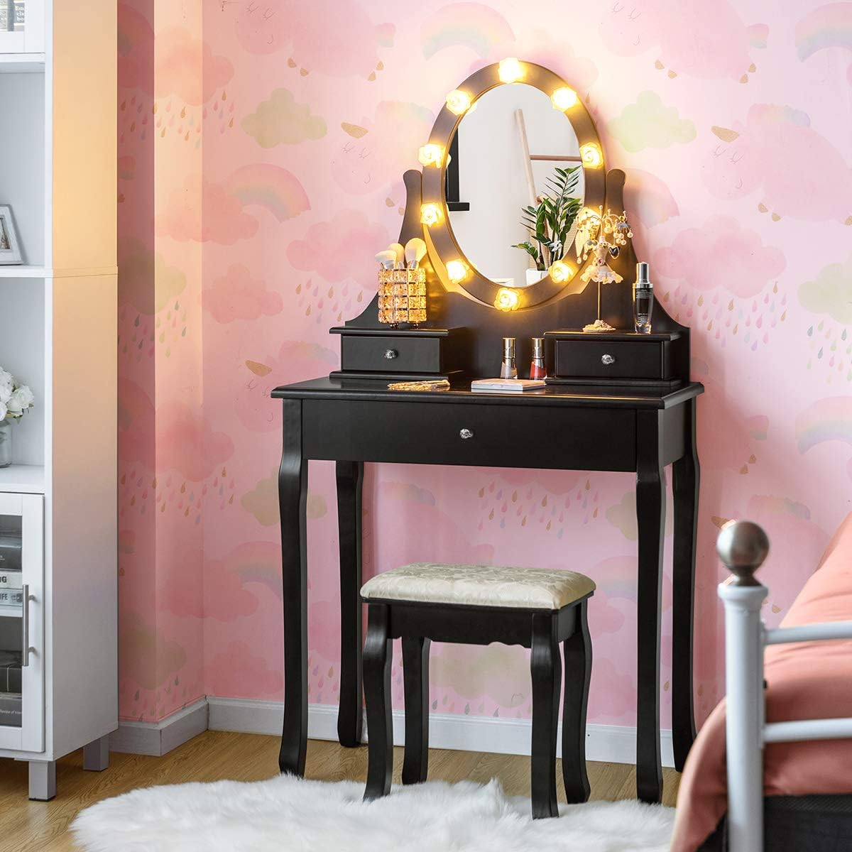 GOFLAME Dressing Table Set, Vanity Set with 360° Rotating and Lighted Oval Makeup Mirror, 3 Drawers Dressing Table with Cushioned Stool, Vanity Table Set for Girls Women, Perfect for Bedroom (Black)