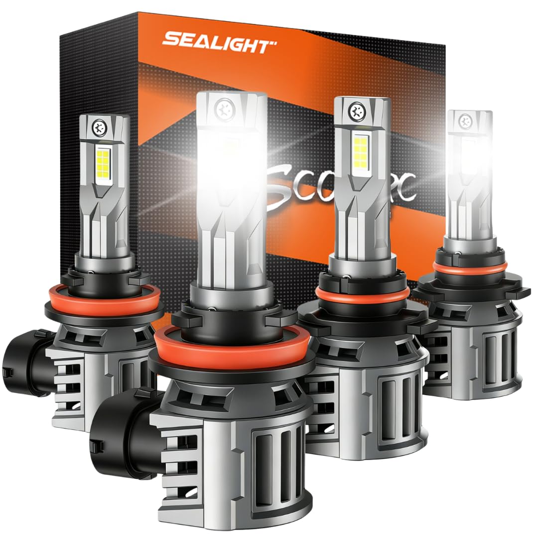 SEALIGHT 9005 H11 LED Bulbs Combo, 200,000LM 6500K White Bulbs, L1S Series HB3 H11/H8/H9/H16 Bulb, IP68 IP6X Proof 30,000rpm High Speed Cooling Fan, 90,000hrs Long Lifespan, 4PCS