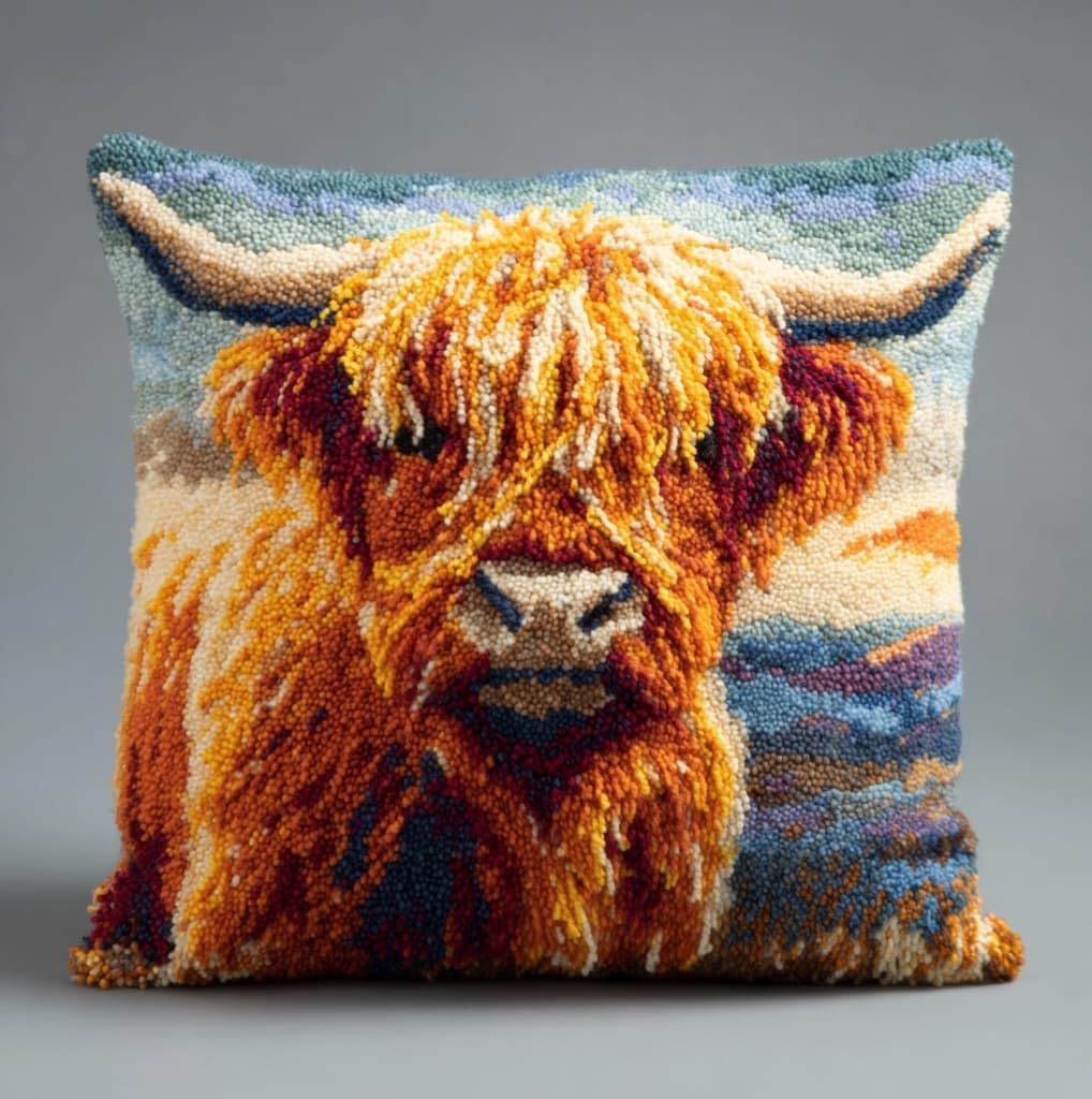 AxiangziK Latch Hook Kits for Adults,Highland Cattle Latch Hook Pillow Kits,17x17in Crochet Yarn Kit for Beginners,DIY Needlework Crafts Cover Case with Printed Canvas
