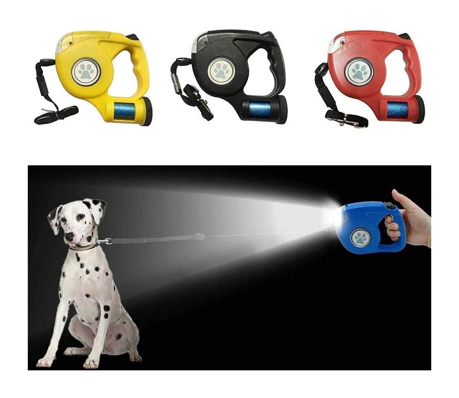 GOUJIAN Einziehbare Hundeleine Mit Heller LED-Taschenlampe Und Abfallbeutel, 360 ° Verwicklungsfrei 16 Fuß Schwere Hundeleine Griff Für Kleine Mittelgroße Hunde Dog Leash | Blue