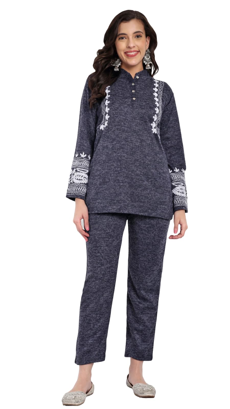 fnocks Women Embroidery Dress Cord-Set Black Warm Top with Pant | Night Suit-picture-42