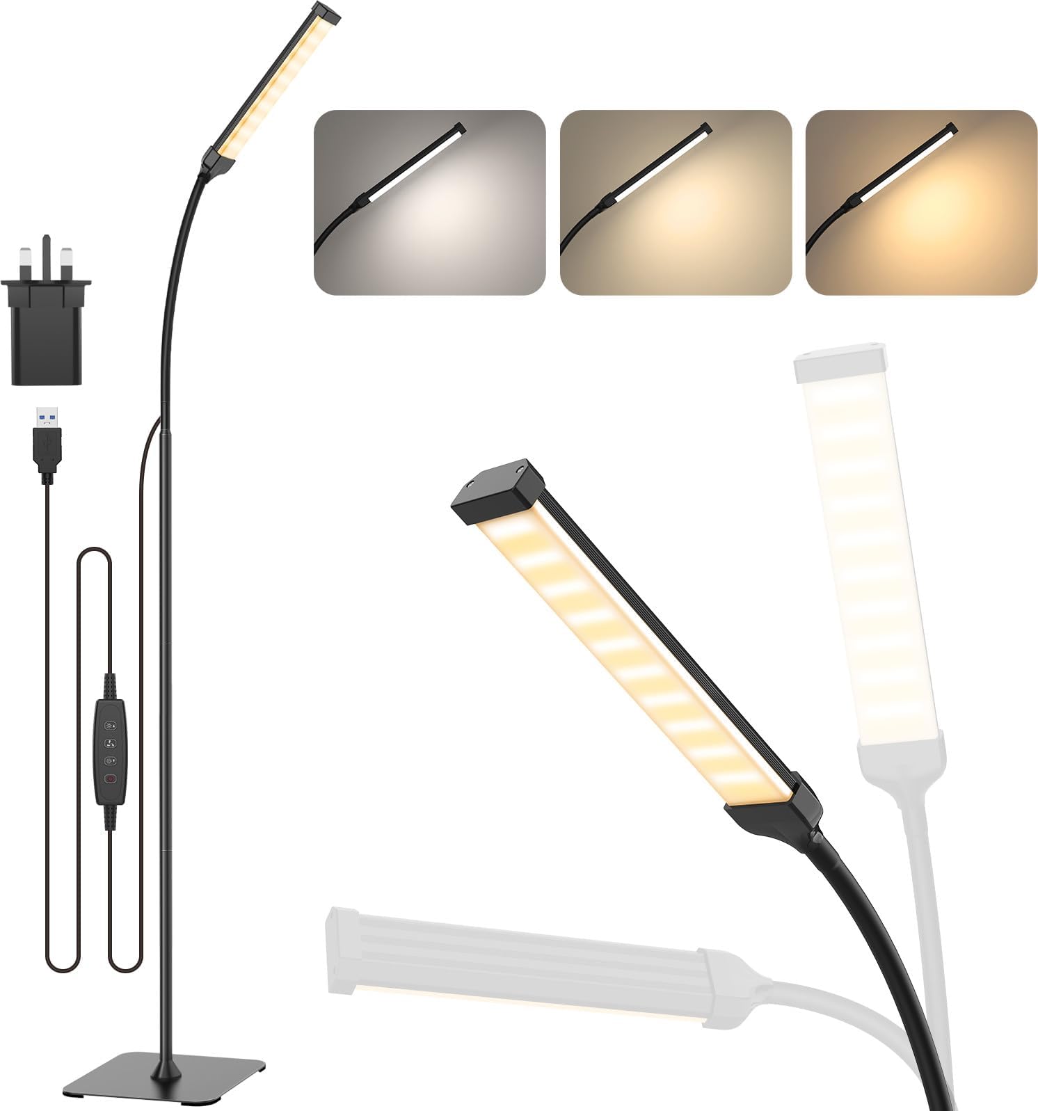 iFalarila Floor Lamp, 120 LED 10 W, Standing Lamp with 3 Colours and 10 Brightnesses, Flexible Arm Floor Lamp for Living Room/Bedroom/Office