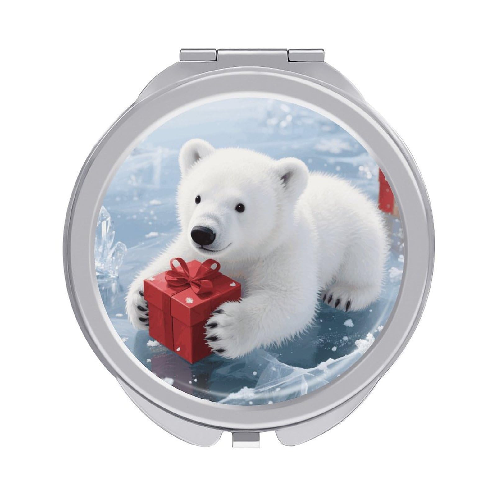 FodPand Compact Hand Mirror with 1x/2x Magnifying Round Travel Makeup Mirror Mini Foldable Christmas Polarbear Cosmetic Mirrors Travel Essentials Gift for Women Girl Portable for Pocket Purse -Silver