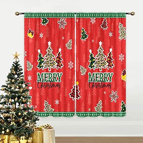 Mitpok Christmas Tree Decorations Curtains for Bedroom 42Wx63H Inch Rod Pocket Merry Xmas New Year's Eve Red&Green Cute Winter Snowflake for Kids 2 Panels Window Treatment Set for Living Room Decor Cover