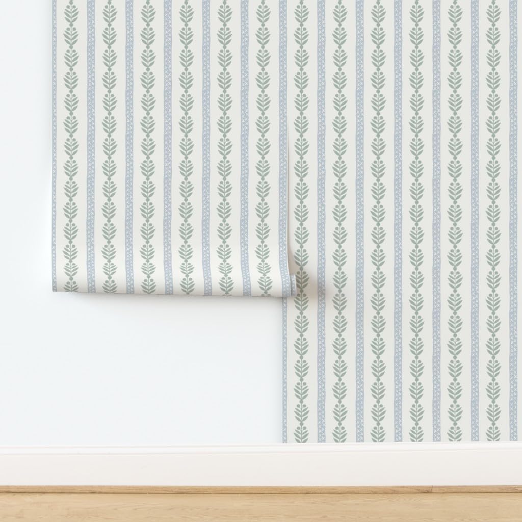 Removable Wallpaper Swatch - Blue Regency Stripe Neutral Traditional Soft Blue Pastel Green Cottagecore Grandmillenial Custom Pre-Pasted Wallpaper by Spoonflower