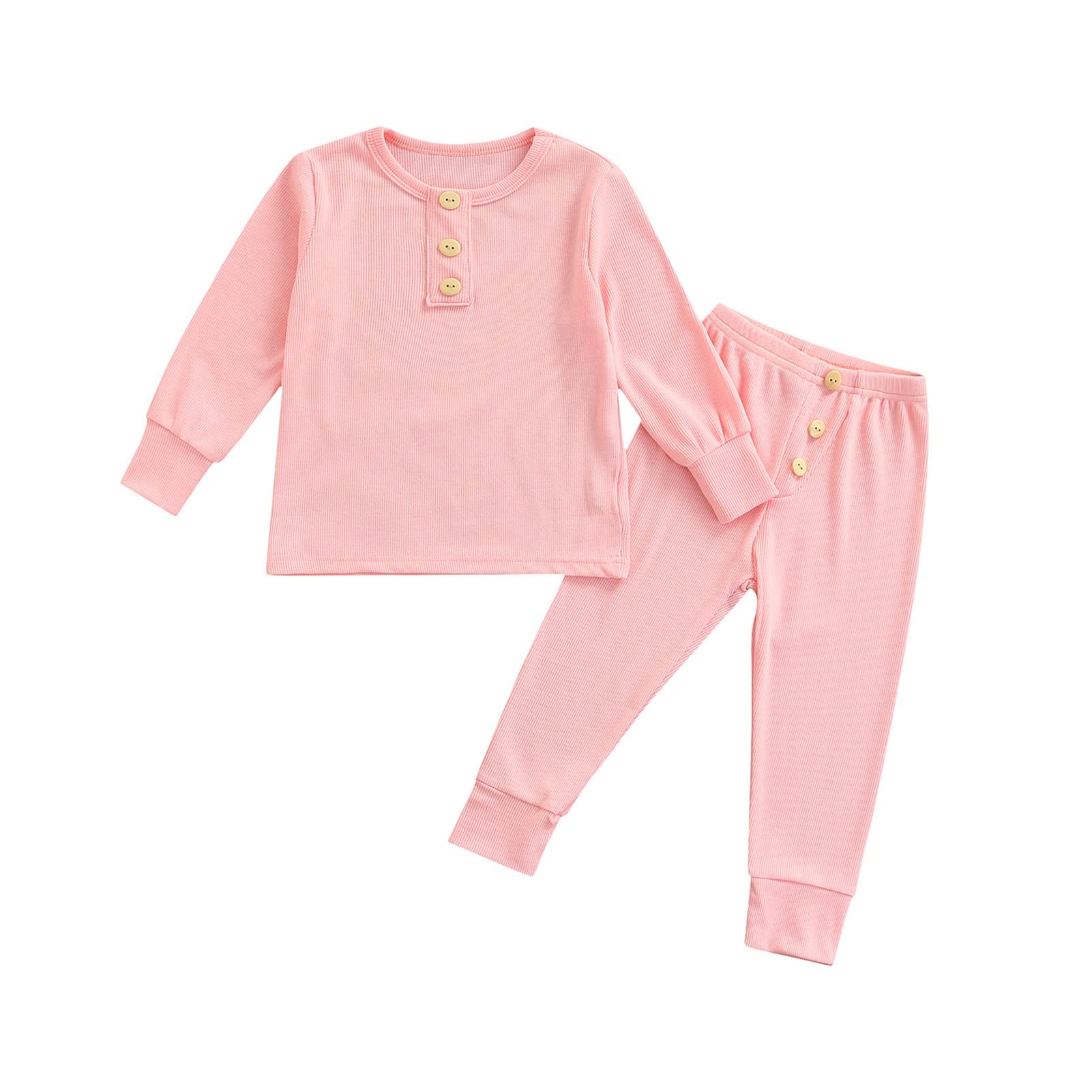 One opening 1-6T Toddler Baby Boy Girl Sleeper Pajamas Solid Ribbed Long Sleeve T-Shirts Tees Tops Pants Outfits Set Home Wear Lounge Wear (18-24 Months, Pink)