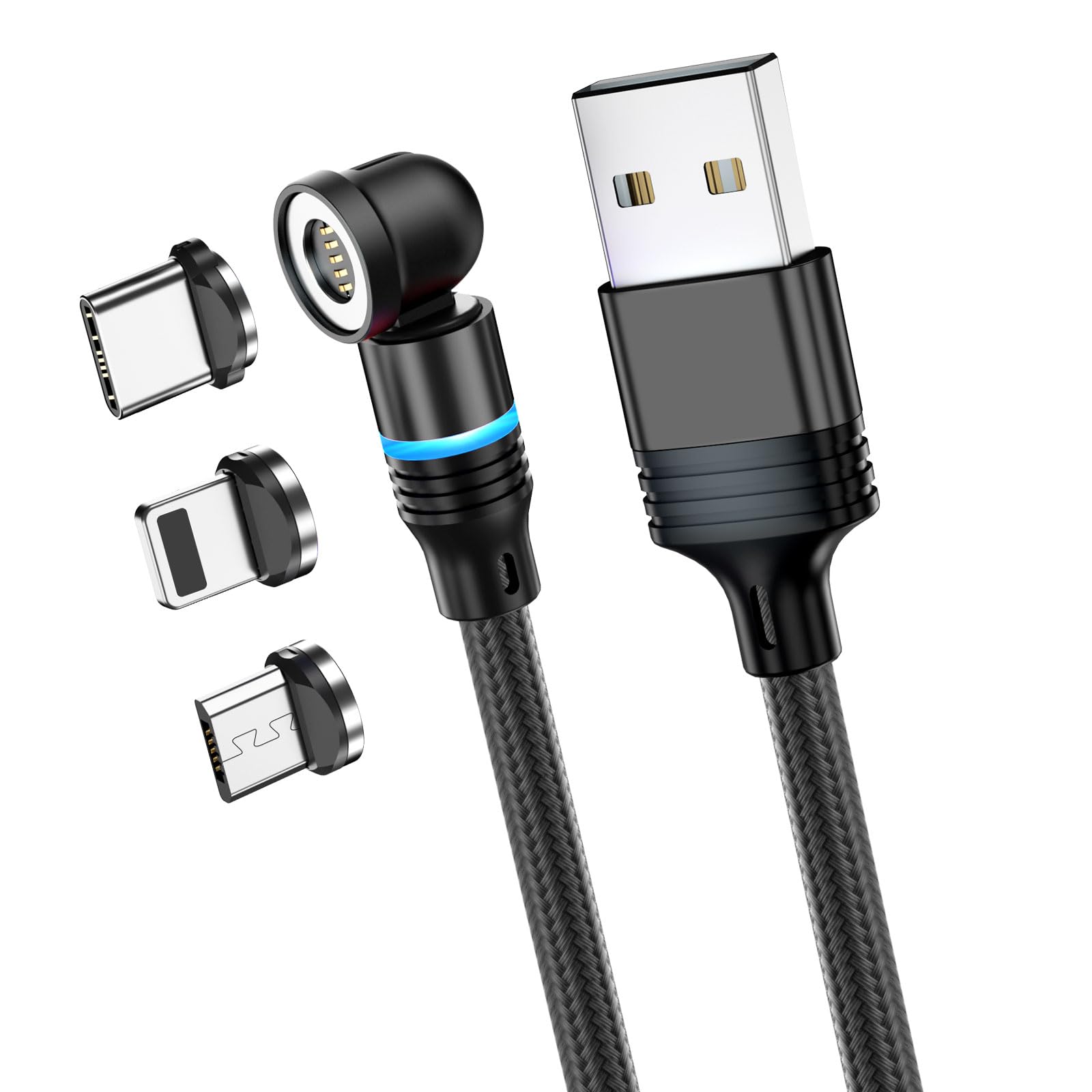 Magnetic Charging Cable QC3.0 Fast Charging Cords, 540°Rotating 3 in 1 Magnetic USB C Charger Cable with LED Light for Phone/Laptop/IOS Products/Android/Micro USB/Type C Devices, 2M (6.5FT)