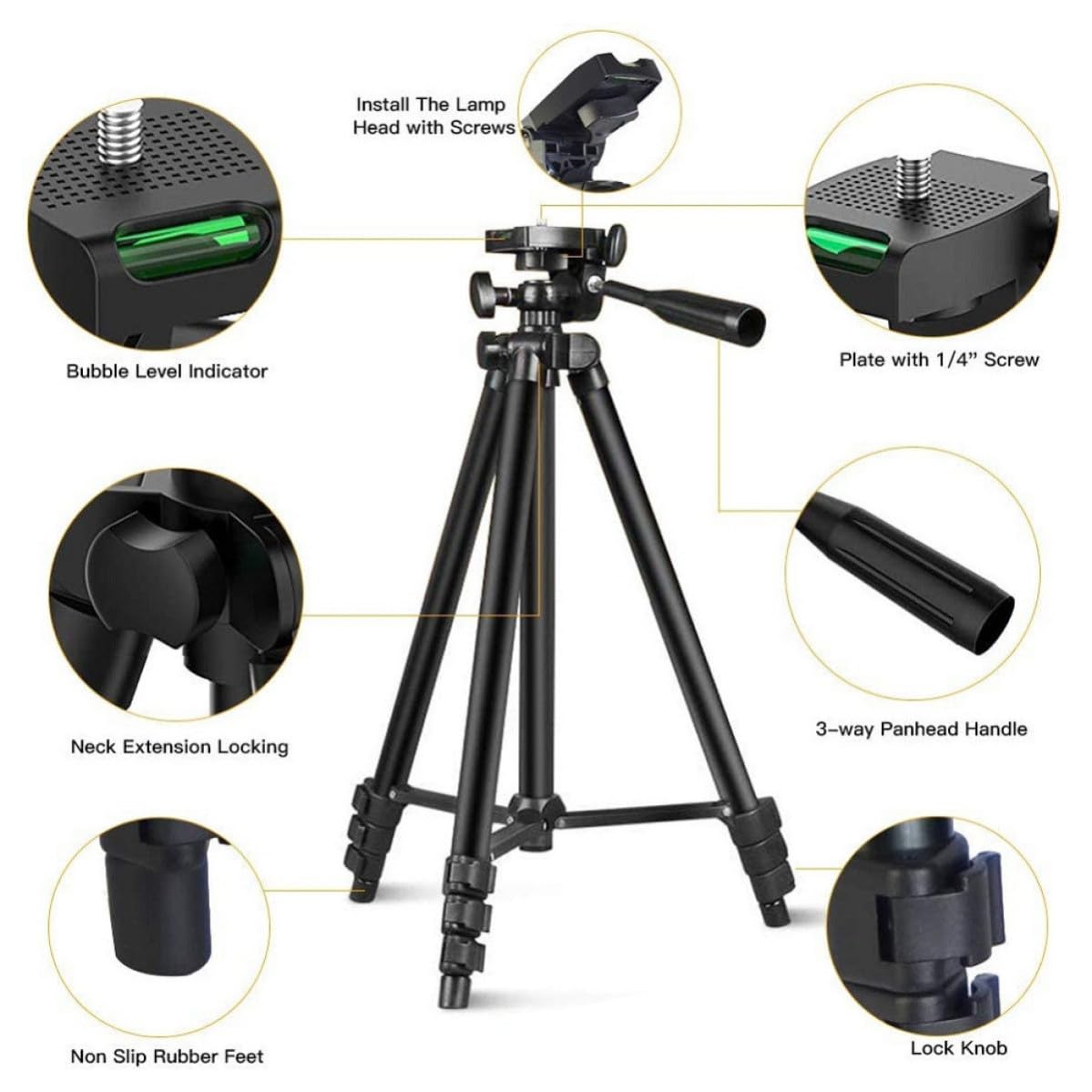 Lámpara LED Redonda para Selfie con Trípode y Mango, Negro, Plástico
