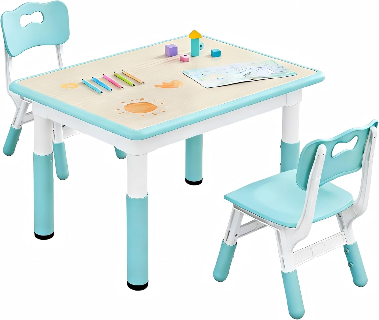 Kids Table and 2 Chairs Set, Height Adjustable Toddler Desk 31.5" L x 23.6" W and Chair Set, Graffiti Desktop, Classroom/Daycare/Home, Children Multi-Activity Table for Ages 3-8 (Blue)