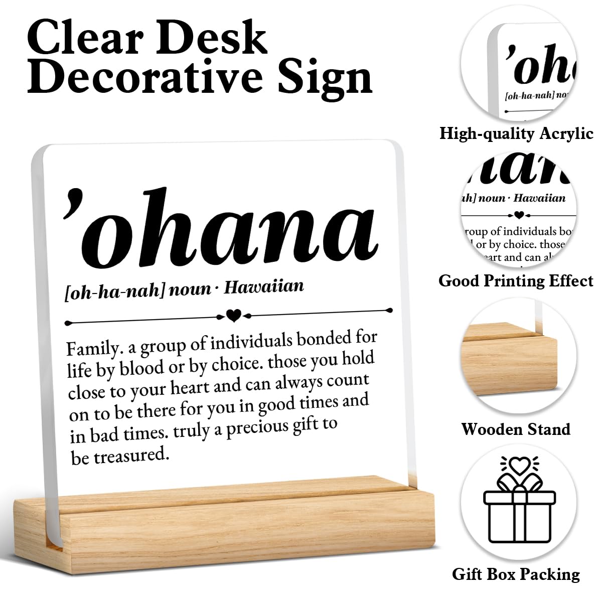Ohana Definition Decor, Hawaii Gift for Women Men, Friendship Gifts for Friends, Birthday Christmas Gifts for Dad Mom Colleagues, Ohana Means Family Acrylic Desk Sign Decor (4 x 4 Inches)