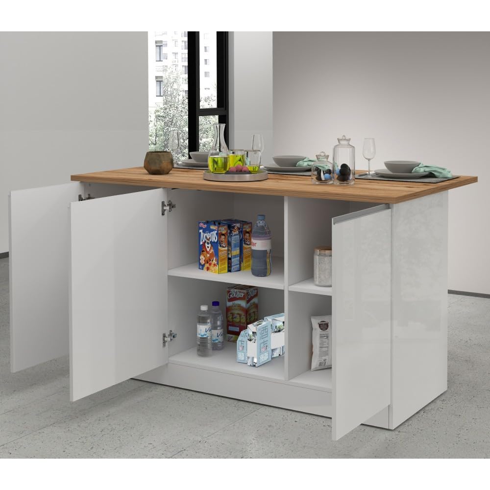 VE.CA – Isla de cocina Clarissa – Aparador de cocina – Mueble de cocina – Ideal para una cocina completa – Ideal como mesa de comedor – Color blanco brillante/Wotan – Fabricado en Italia