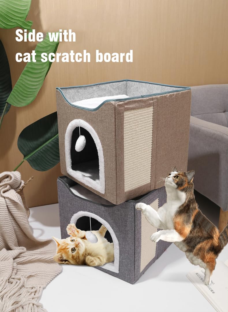 منزل مكعب القطط القابل للطي من السا اس ايه - مخبأ داخلي مع وسادة خدش وكرة ناعمة معلقة وخدش من السيزال - أسرّة كهف كبيرة للقطط، مأوى دافئ للحيوانات الأليفة - 39 × 39 × 33 سم