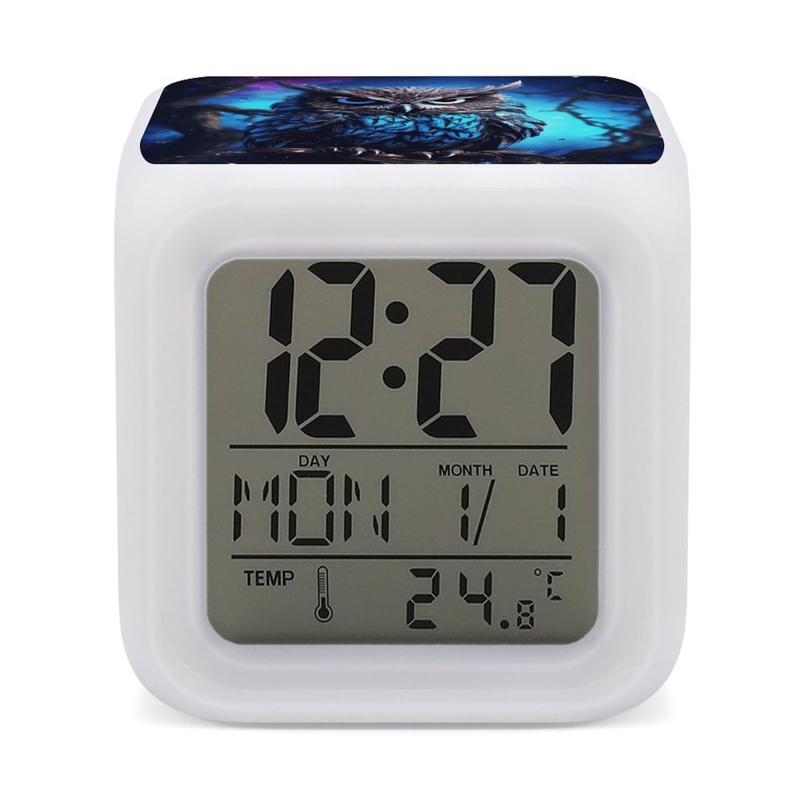 VstaDank Blue Owl Alarm Clock for Bedrooms Small Clocks with 7 Color Night Light Desk Clock with Large Numbers Loud Wake Up Timer Ideal for Gift & Room Decor